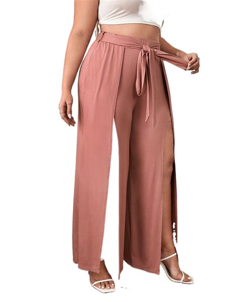 

plus high waist wrap belted wide leg pants 09nz#, Black