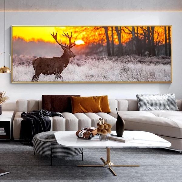 Sunset Landscape Deer in the Forest Abstract Canvas pinturas pôsteres impressões de arte de parede para a decoração da casa da sala Cuadros