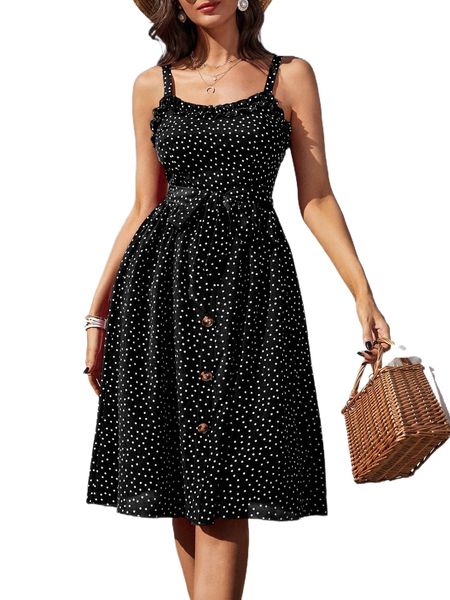 

polka dot frill trim belted dress i4bl#, Black;gray