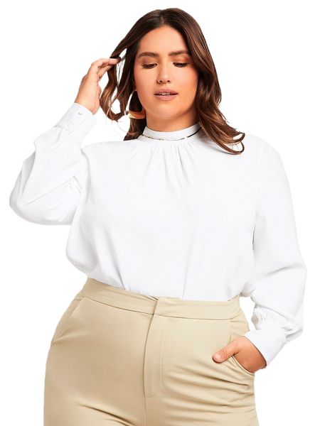 

plus stand neck solid blouse 96qz#, Black