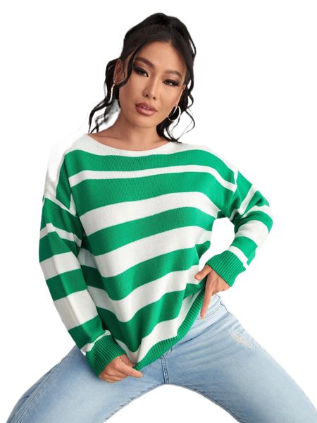 

two tone striped pattern drop shoulder sweater x3l7#, White;black