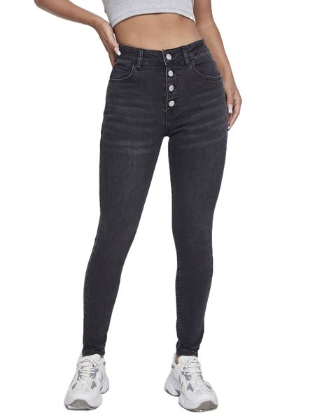 

high waist button front skinny jeans 61hc#, Blue