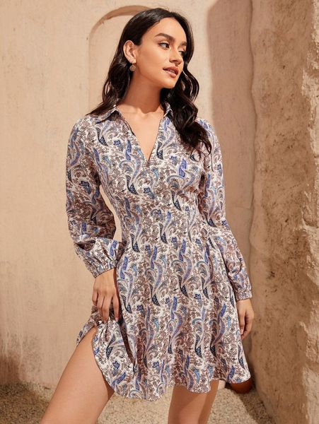

floral print collared lantern sleeve dress 90w1#, Black;gray
