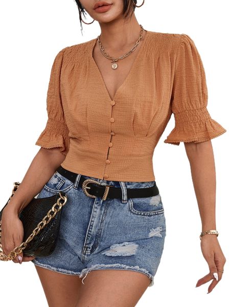 

shirred cuff puff sleeve fold pleated blouse r4eb#, White