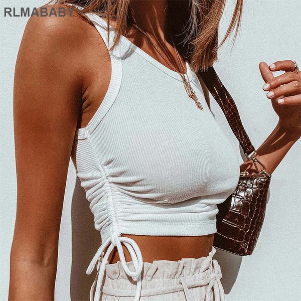 

spring summer women short tank casual round neck sleeveless drawstring ribbed cotton crop fashion street short top, Black;white