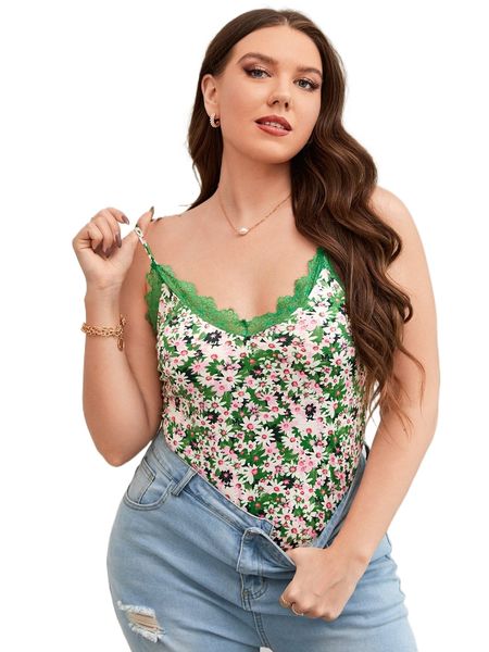 

plus floral print lace trim cami bodysuit n2i9#, Black