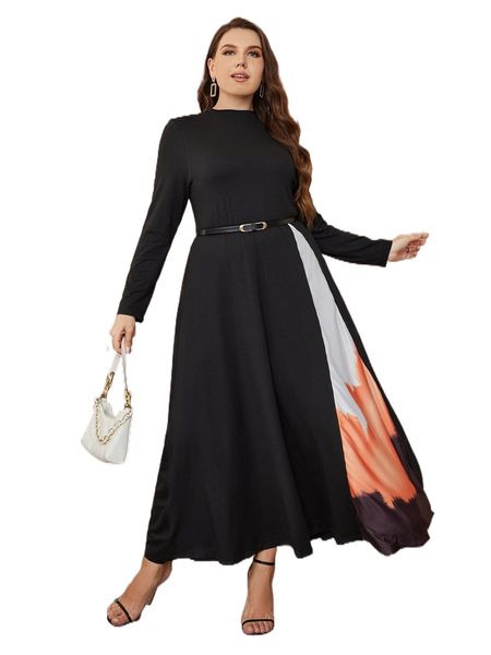 

plus colorblock tie dye a-line belted dress 88or#, Black