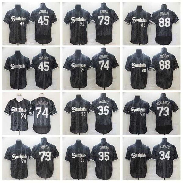 

man baseball 35 frank thomas jerseys 73 yermin mercedes 34 michael kopech 74 eloy jimanez 79 jose abreu 88 luis robert pinstripe black breat, Blue;black