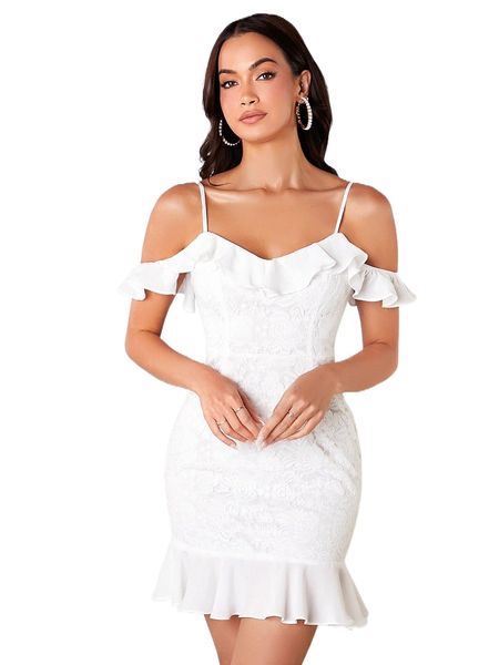 

cold shoulder ruffle hem lace dress 483i#, Black;gray