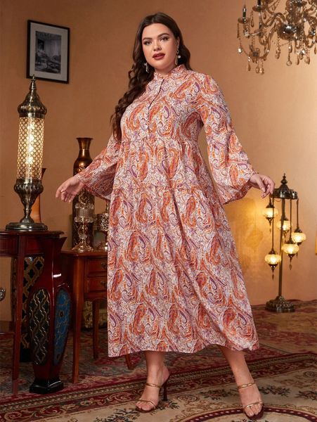 

plus paisley print flounce sleeve dress 25zj#, Black