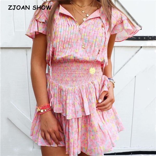 

ruched bandage v neck floral print short sleeve dress pink women slim elastic waist mini dresses ruffles hem holiday robe 220511, Black;gray