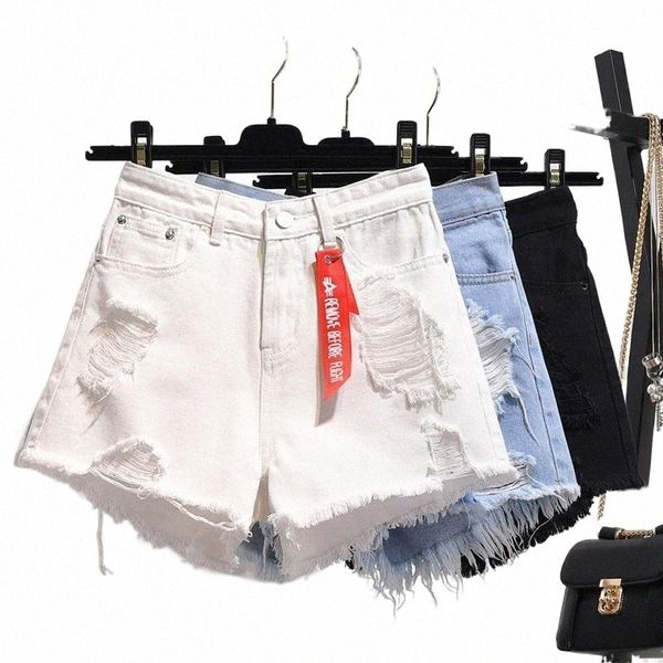 

women's shorts zqlz summer high waisted denim women plus size 5xl loose hole tassels harajuku pants jeans short girl spring1 f8le#, White;black