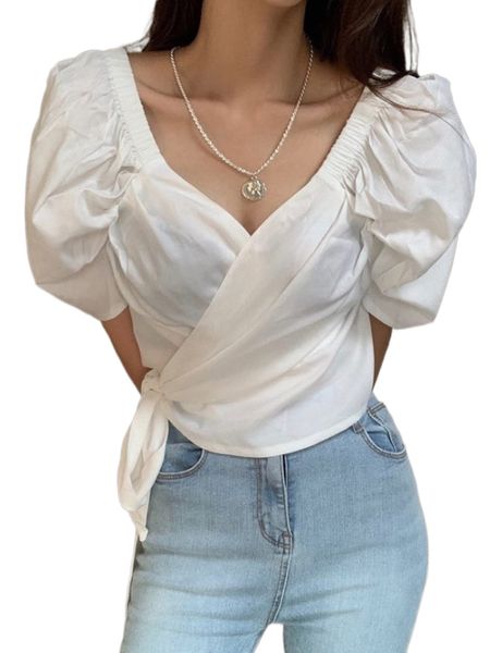 

dazy puff sleeve knot side blouse without bra m4iu#, White