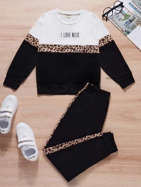 

girls leopard stitched lettered sweatshirt with leggings she, White