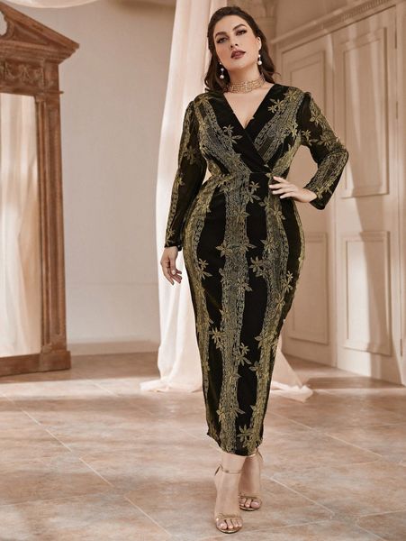 

plus floral pattern surplice neck split back dress h0lv#, Black