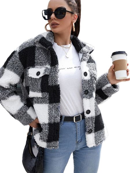 

buffalo plaid print flap pocket teddy coat e3ue#, Black