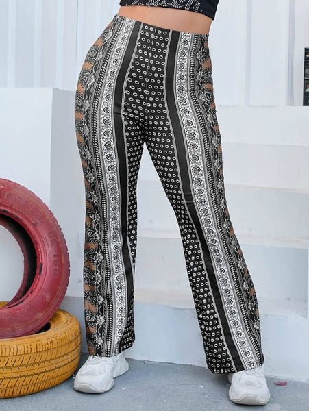 

plus colorblock & floral print high waist pants g50a#, Black