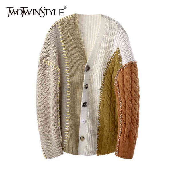 

hit color korean sweater for women v neck long sleeve patchwork casual knitted cardigans female fashion spring 210423, White;black