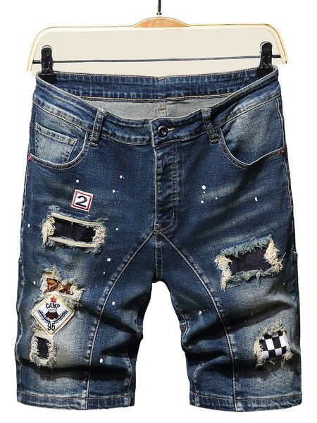 

men ripped frayed patched detail splash ink print denim shorts f3eo#, White;black