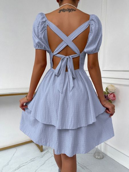 

shirred lace up back puff sleeve dress a1qe#, Black;gray