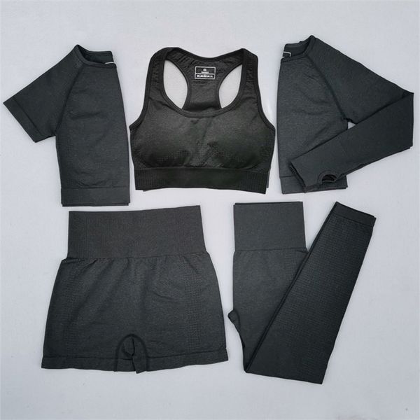 

2/3/5pcs women vital seamless yoga set workout sportwear gym clothing short/long sleeve crop high waist leggings sports suit 220507, Gray