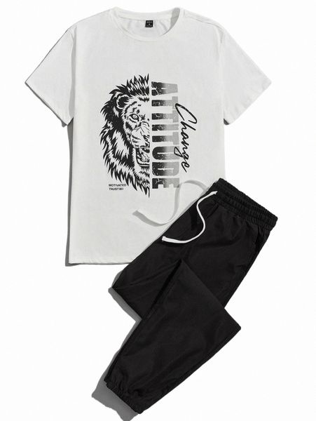 

men letter & lion graphic tee & drawstring waist pants set w6w9#, Gray