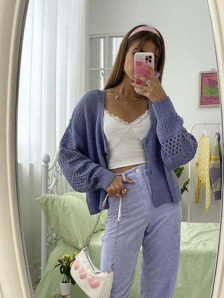 

drop shoulder pointelle knit cardigan p6sv#, White;black