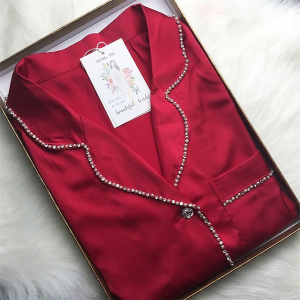 

women's silk-encrusted diamond-trimmed long-sleeved long pants pajama set wear home suit silk pajamas 220329, Black;red