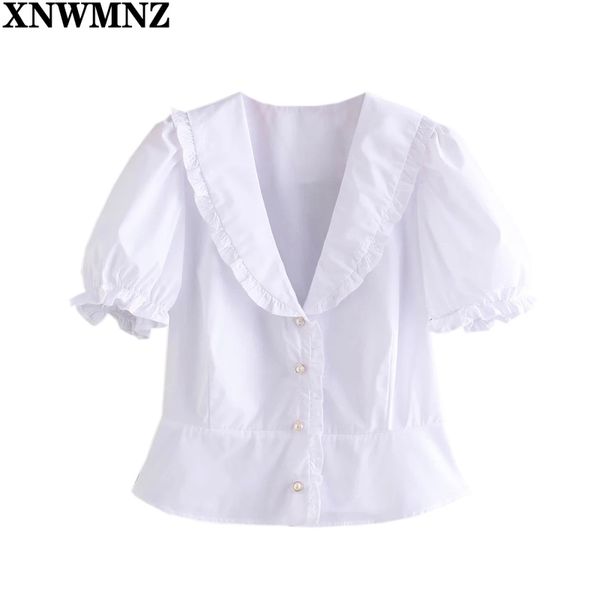 

xnwmnz women sweet white ruffled shirt with bejewelled buttons smock blouse office lady puff sleeve shirt chic blusas 210513