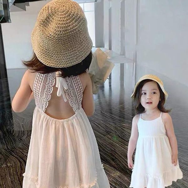 

summer girls dress korean solid color casual sleeveless backless party princess cute childrens sundress, Red;yellow