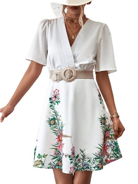 

floral print puff sleeve overlap collar dress without belt z1vz#, Black;gray