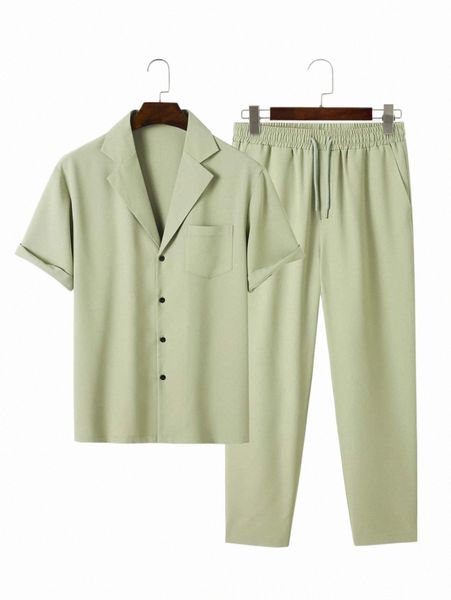 

men lapel neck shirt & drawstring waist pants s9di#, Gray