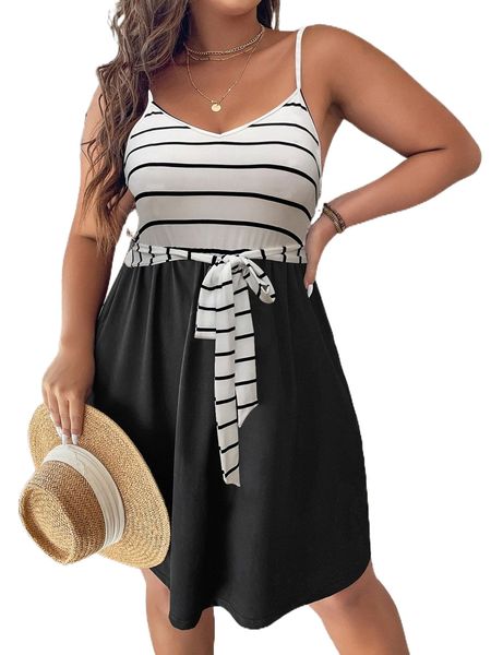 

plus striped knot front cami dress s47x#, Black