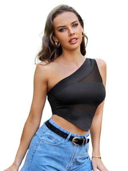 

o.ne s.houlder c.ontrast .esh hanky hem c.rop t.op k6tx#, White