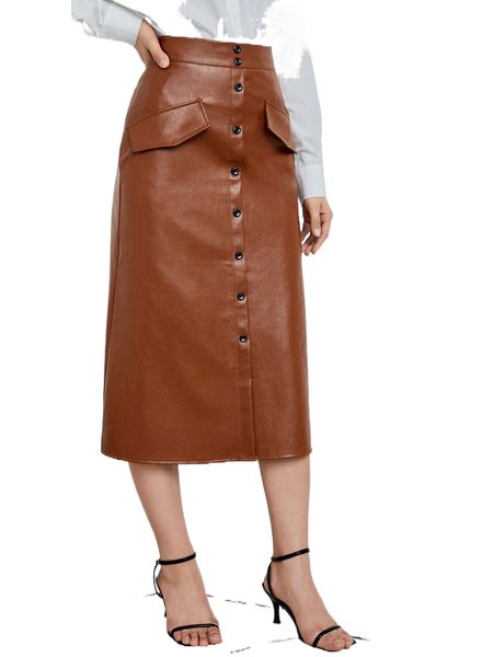 

x farah button fly flap detail pu leather skirt s7dq#, Black