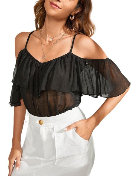 

cold shoulder ruffle trim bodysuit without panty o4mp#, White
