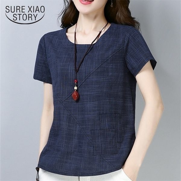 Blouses de verão feminino Linho vintage Cotton Women Tops Bloups Sleeve Mulheres Camisas Plus Size Mulheres BLUSAS 2127 210326