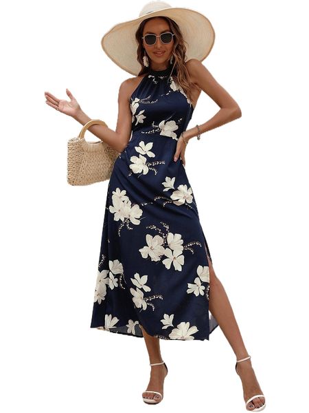 

floral tie backless split hem halter dress 675q#, Black;gray