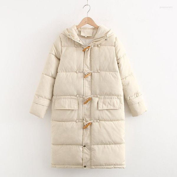 Piumino da donna Parka invernale caldo abbigliamento in cotone fibbia in corno beige berretto con tasca grande design con bottoni decorazione casual Guin22