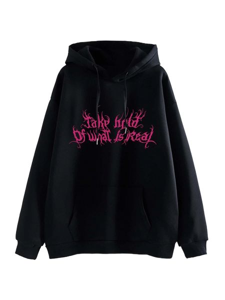 

slogan graphic kangaroo pocket drop shoulder drawstring thermal hoodie a0ow#, Black