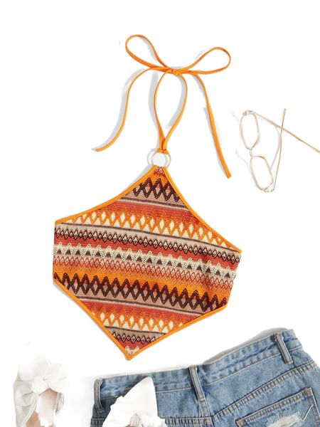 

geo & wave print ring bandana halter 48dx#, White