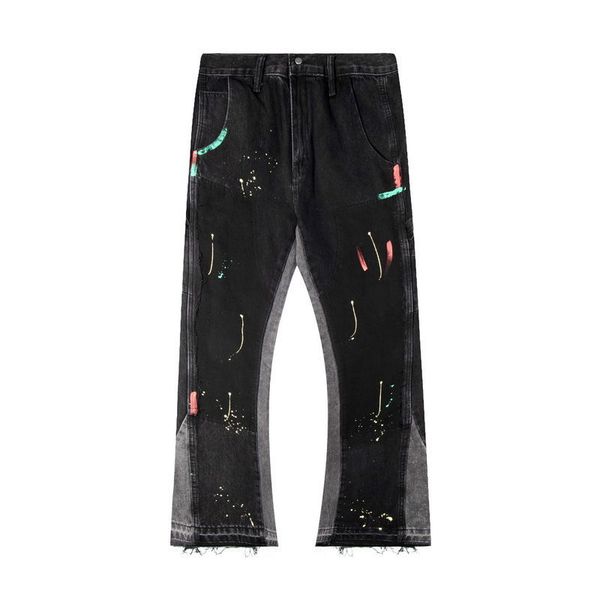 

men jeans womens trousers hand-splashed ink deconstruction stitching loose retro high street casual flared pants, Blue