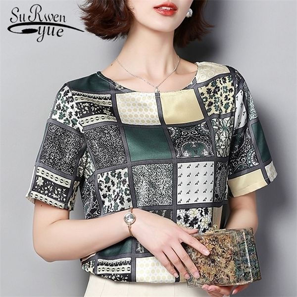 

blusas mujer de moda plaid print chiffon blouse short sleeve women shirts plus size camisas mujer women 3959 50 210308, White