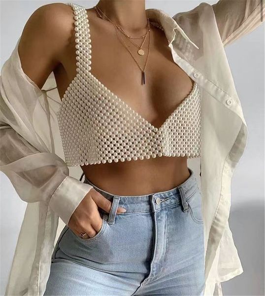 

women's tanks & camis v neck knitted pearls crop women exquisite outside beaded tank hollow out streetwear clotheswomen's, White
