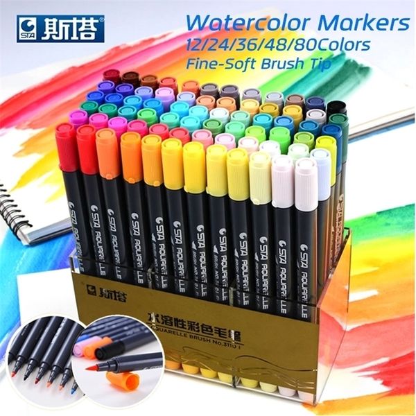 STA 80 Farben Set Tinte auf Wasserbasis Skizzenmarkierungsstifte Twin Tip Fine Brush Markierungsstift für grafisches Zeichnen Manga Art Supplies 210226