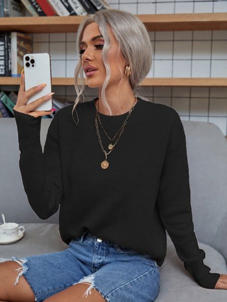 

solid drop shoulder sweater i0nu#, White;black