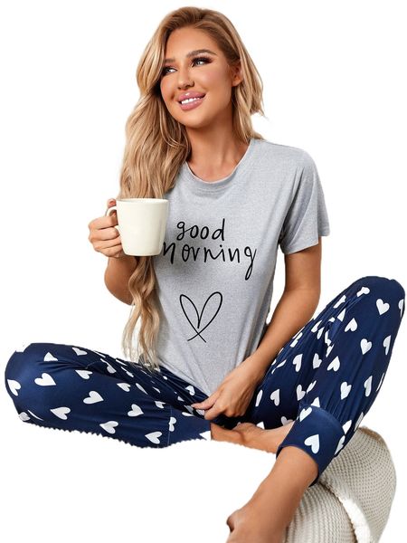 

heart & slogan pattern tee & pants pj set r7dl#, Black;red