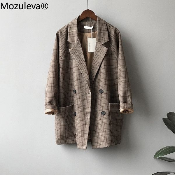 

mozuleva women vintage long blazer plaid jacket ladies casual doublebreasted sashes suit jacket female slim blazer outwear y201026, White;black