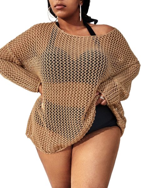 

plus hollow out drop shoulder cover up without bikini o9z2#, Black