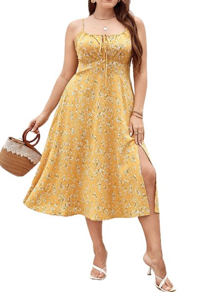 

plus ditsy floral split thigh shirred cami dress 36pk#, Black